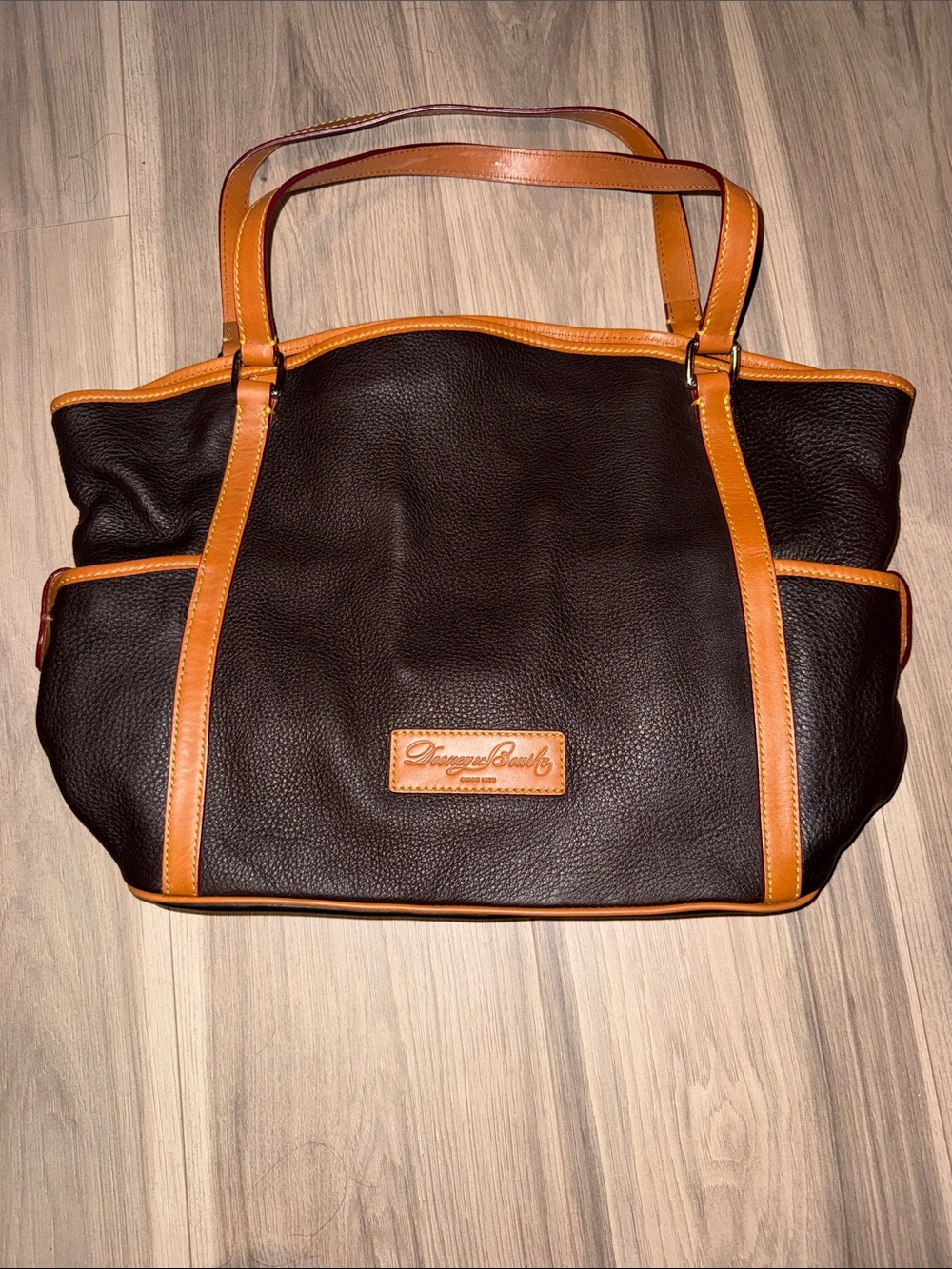 Dooney & Bourke Dark Brown Leather Tote with Tan Trim
